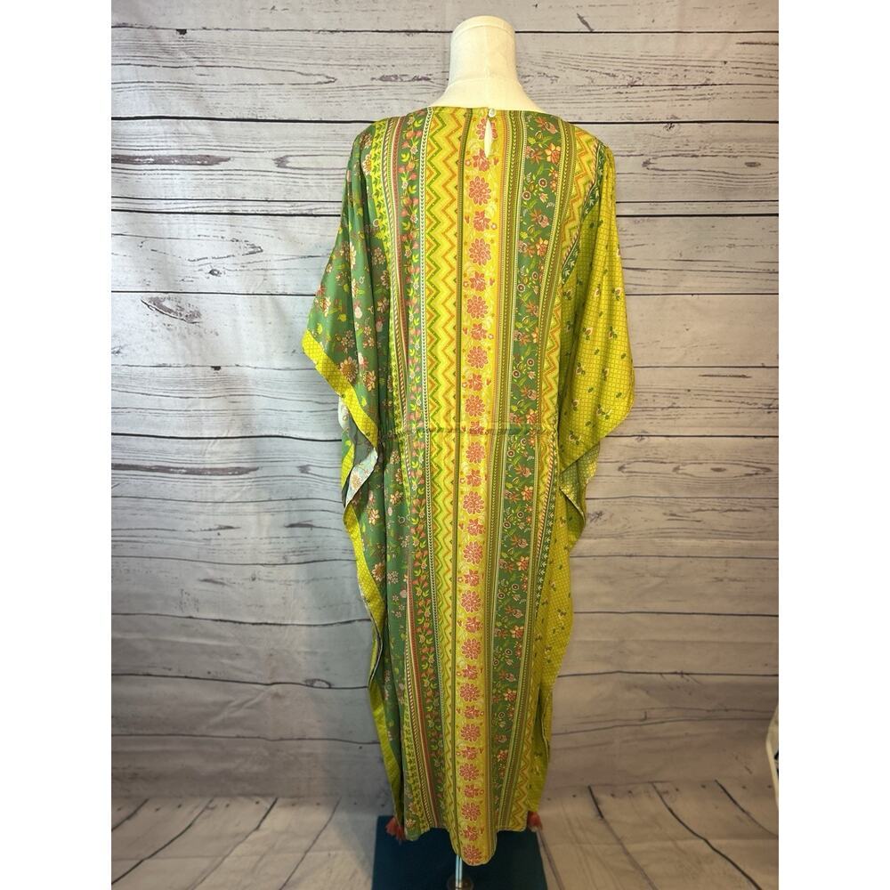 Boho Floral Geometric Tassel Fringe Dress Green Pink Tropical Tunic L - Picture 4 of 9